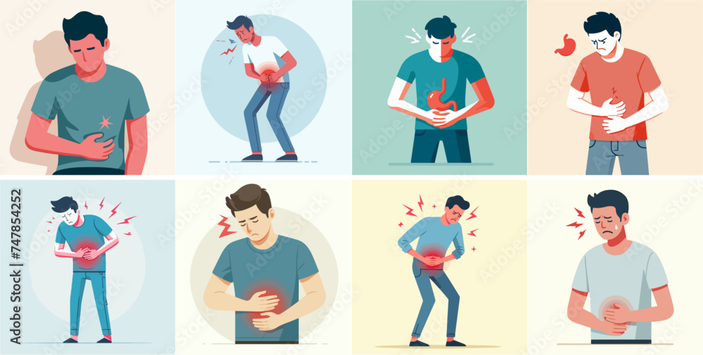 Vector set of people having stomach aches with a simple and minimalist flat design style
