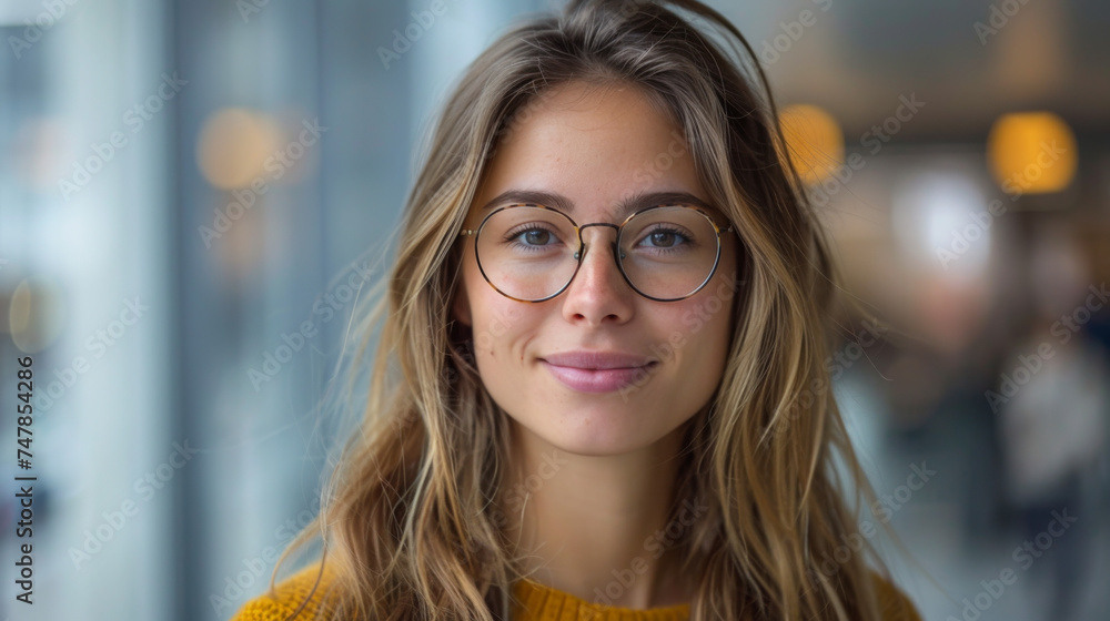Candid portrait of a friendly young woman with glasses, warm sweater in an urban environment Candid portrait of a friendly young woman with glasses, warm sweater in an urban environment