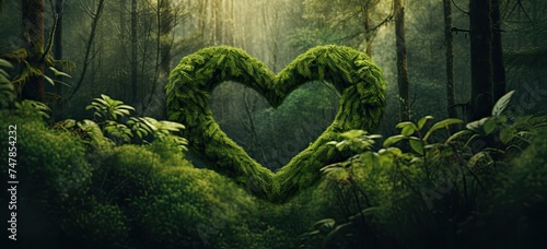 Captured in the quiet of the forest, a khaki wooden heart stands out amidst a softly blurred backdrop of nature's beaut photo