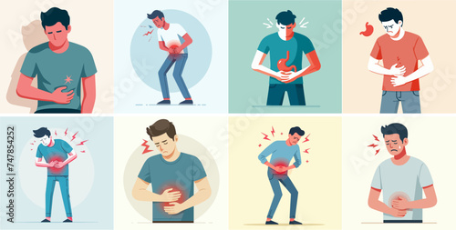 Vector set of people having stomach aches with a simple and minimalist flat design style photo