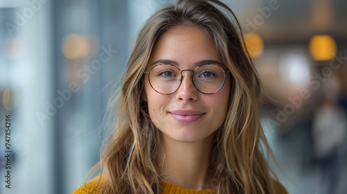 Candid portrait of a friendly young woman with glasses, warm sweater in an urban environment