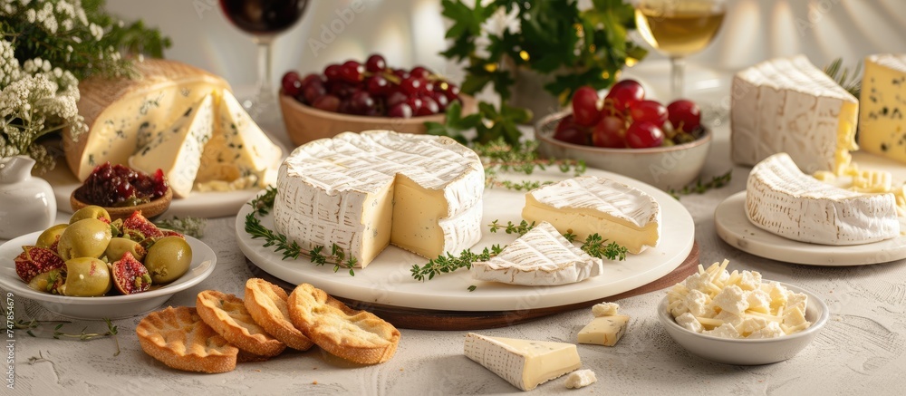 A table is covered with an assortment of cheeses, including creamy white rind cheese, along with other food items for a delightful spread.