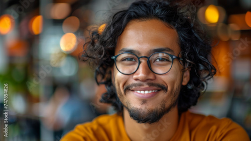 A happy man with curly hair and glasses giving a heartfelt smile in a cafe