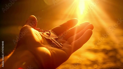Hand with key to the new house in sunset sunlight. Mortgage, home loan, investment, rent, real estate, property concept photo