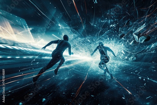 A couple of individuals sprint through a tunnel, illuminated by the faint glimmers of light, Suspenseful chase scene between antivirus software and malware, AI Generated