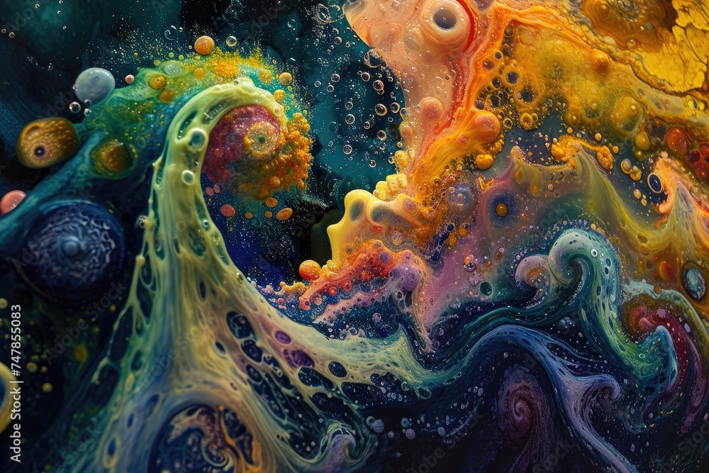 An abstract painting showcasing a dynamic composition of colorful hues and diverse geometric forms, Swirling colors of a deep sea, teeming with marine life, AI Generated