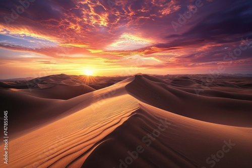 As the day comes to a close, the sun casts a warm orange glow over the sand dunes, creating a stunning natural landscape, Sweeping desert dunes under an intense sunset, AI Generated