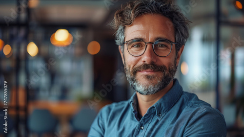 Relaxed indoor portrait of a smiling mature man with glasses and stylish hair photo