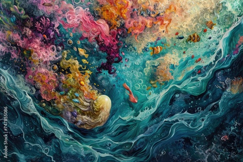 A painting depicting an underwater ocean scene featuring various fish swimming among bubbles, Swirling colors of a deep sea, teeming with marine life, AI Generated