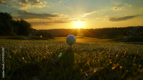 A golf ball rests on top of a lush green field under the clear sky, ready for a game of golf photo