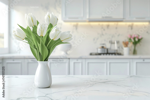 Interior design of a white clean kitchen with tulips vase