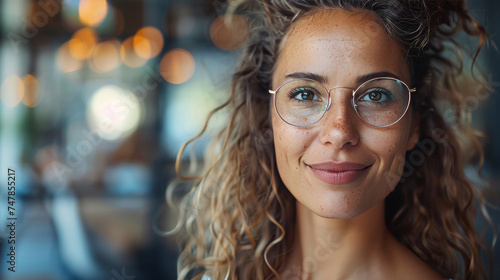 A curly-haired woman in casual wear with clear round glasses giving a friendly look