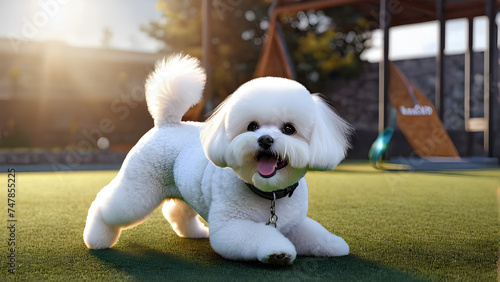 dog bichon illustration. pet animal dog bichon frise full view on a grass field background. dog bichon photo