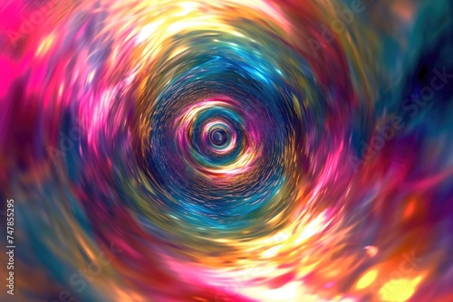 A vibrant and dynamic spiral of light and colors radiating from a central point, Swirling vortex of psychedelic colors depicting a journey through a hallucinatory dream, AI Generated