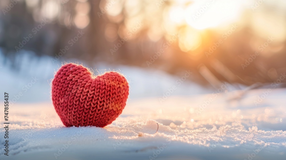 A knitted heart-shaped decoration lies on the snowy ground, contrasting its vibrant red color against the white snow A knitted heart-shaped decoration lies on the snowy ground, contrasting its vibrant red color against the white snow