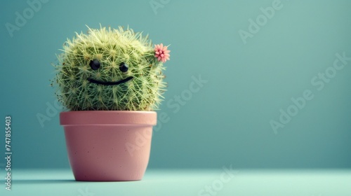 A cactus displaying a smiley face, planted in a pot, is the main subject of the photo photo
