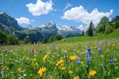 A picturesque scene featuring a vast field of wildflowers in the foreground with majestic mountains as the backdrop, Swiss alpine meadow filled with wildflowers, AI Generated