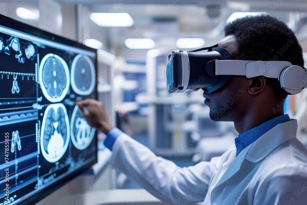 A man wearing a white lab coat carefully examines a computer screen in a laboratory setting, Technician using a virtual reality headset to analyze patient scans, AI Generated