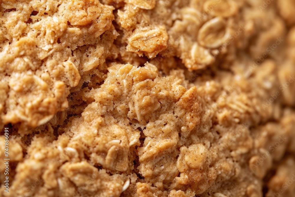 A close-up photograph showcasing a mixture of oatmeal grains, oats, and other assorted ingredients on a textured surface, Texture details of an oatmeal cookie, AI Generated A close-up photograph showcasing a mixture of oatmeal grains, oats, and other assorted ingredients on a textured surface, Texture details of an oatmeal cookie, AI Generated