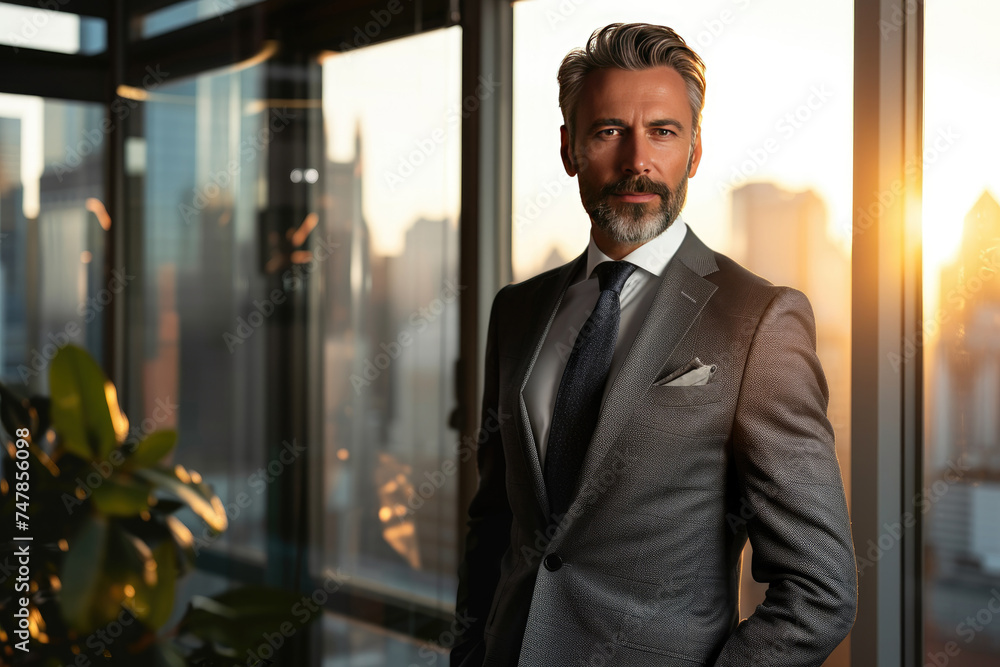 Handsome and confident mature businessman wearing suit in office with city skyline view Handsome and confident mature businessman wearing suit in office with city skyline view