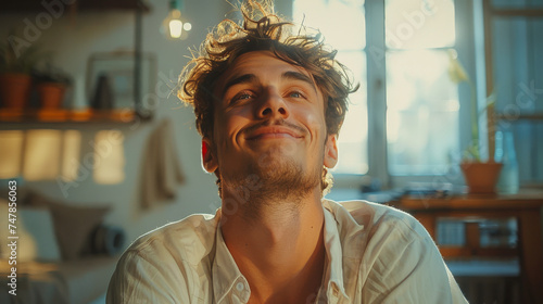 Man with tousled hair giving a playful look in a sunlit room, creating a carefree vibe photo