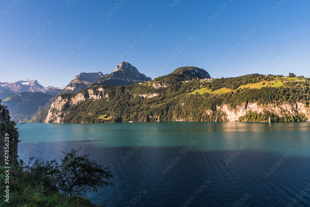Picturesque mountain scenery on Lake Lucerne, Canton of Schwyz, Switzerland - obrazy, fototapety, plakaty 