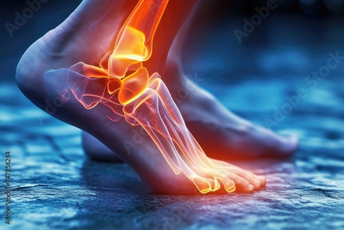 A detailed close-up shot of a persons foot, featuring a glowing sole, The anatomy of a sprained ankle, AI Generated photo