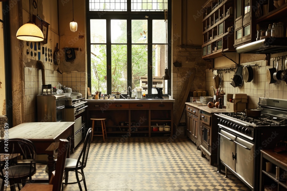 This photo captures a kitchen with a checkered floor and a large window, showcasing the open and bright space, The charm of an empty French style bistro kitchen, AI Generated