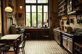 This photo captures a kitchen with a checkered floor and a large window, showcasing the open and bright space, The charm of an empty French style bistro kitchen, AI Generated