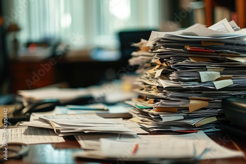 A cluttered wooden desk covered with a disorganized pile of assorted papers, creating a chaotic scene, The chaos and order of an accounting office during the end of the fiscal year, AI Generated