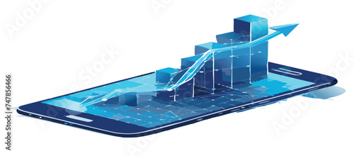 Abstract mobile phone and growth chart on smartphone screen. Stock market and finance concepts. Low poly wireframe vector illustration in futuristic light blue style on a technology background.
