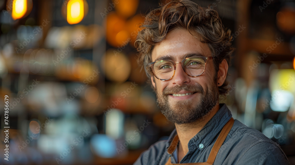 Stylish bearded man with a smile and apron in a trendy coffee shop setting with blurred background Stylish bearded man with a smile and apron in a trendy coffee shop setting with blurred background