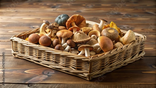 Wicker tray with variety of raw mushrooms on wooden table