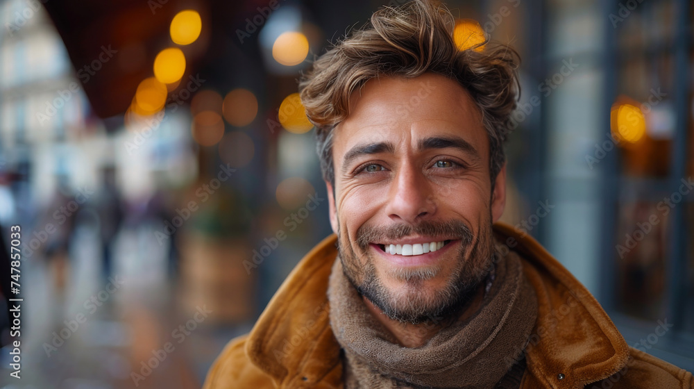 Confident and attractive man with a captivating smile, wearing a scarf and coat
