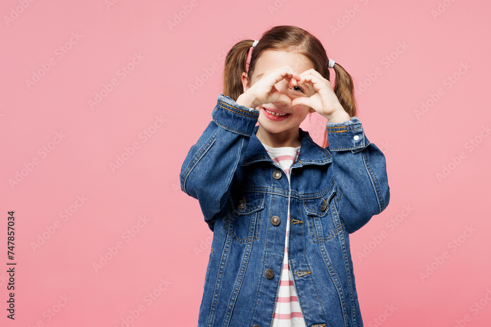Little child cute kid girl 78 year old wear denim shirt have fun