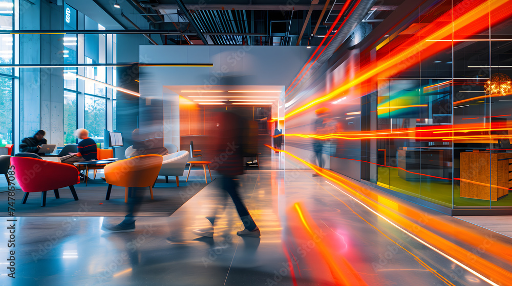  a long time exposure inside a modern, open-plan office space, where the movement of light and shadow captures the flow of ideas and collaboration among teams