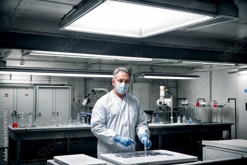 Scientist in full hazmat gear in a radiation-controlled environment science lab