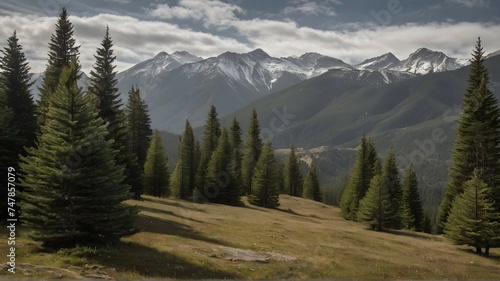 Photo a mountain landscape with pine trees and mountains in the background.