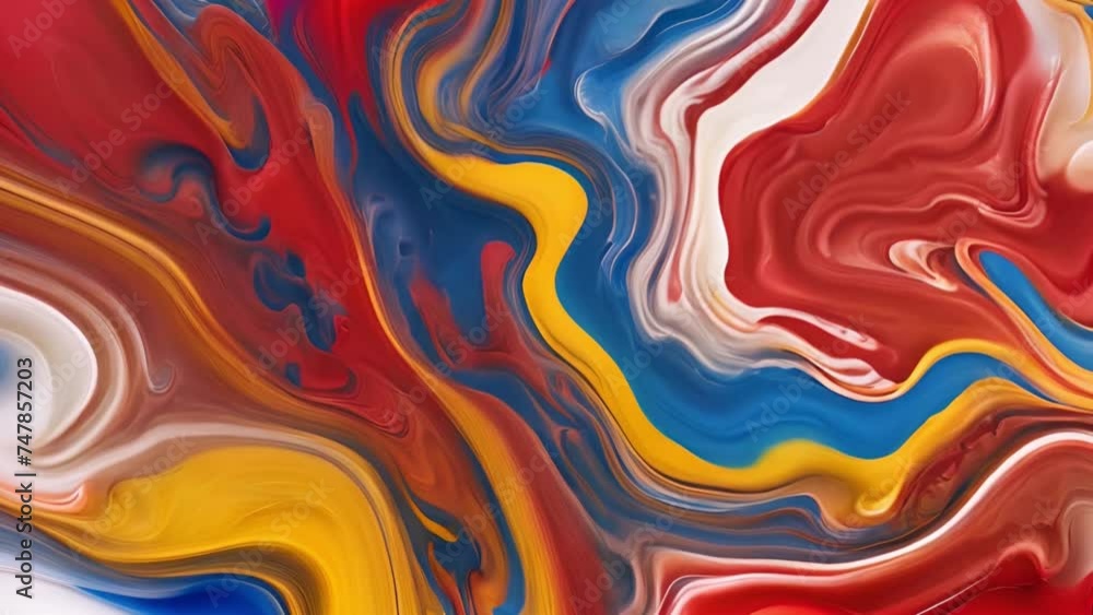 A stunning visual of blue, yellow, and red acrylic paints swirling together A stunning visual of blue, yellow, and red acrylic paints swirling together
