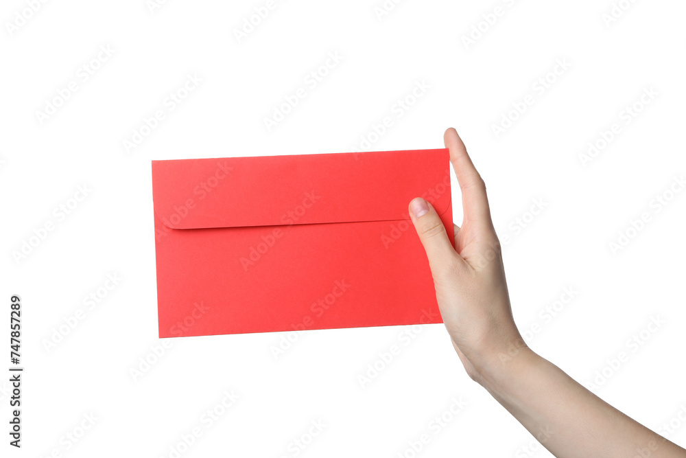 Fototapeta premium PNG,female hand holding a paper envelope, isolated on white background