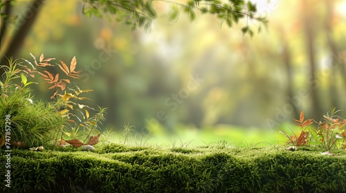Fluffy green moss against a beautiful blurred natural landscape background in a long panorama, embodying the concept of a cozy autumn mood