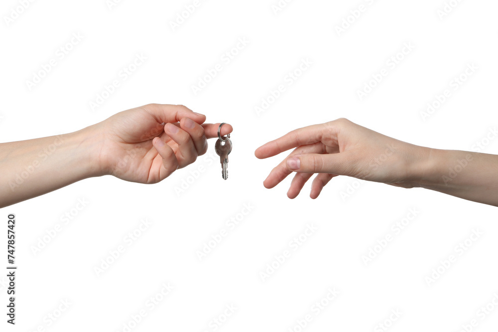 PNG,female hand holding a key, isolated on white background