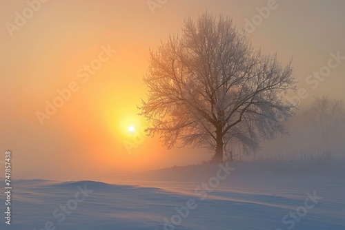 The sun begins to set behind a tree covered with snow, casting a warm, golden glow on the wintry landscape, The first rays of the sunrise piercing through the winter fog, AI Generated