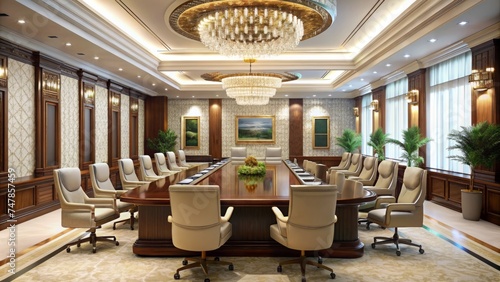 High level meeting of excutive room is decorated with stylish table and chairs around. photo