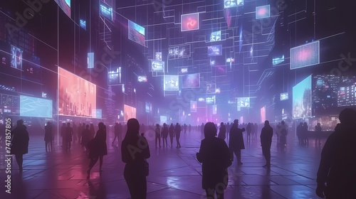 A futuristic cityscape engulfs pedestrians with towering holographic advertisements  showcasing a world where digital and physical realms converge. AI Generative