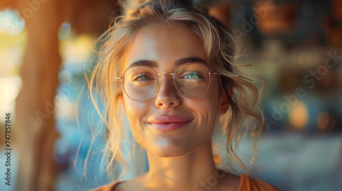 Close-up of a smiling young woman with glasses, bathed in warm sunlight and a tranquil expression