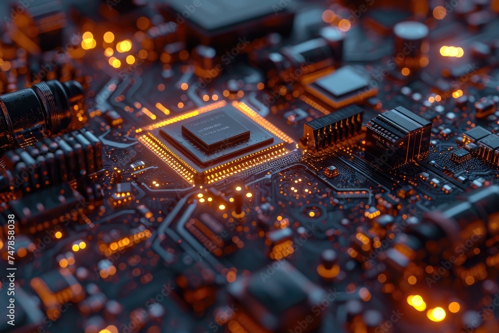 A detailed close-up view of a computer circuit board featuring numerous microchips and interconnected electrical components, The intricacies of a nanocomputer, AI Generated A detailed close-up view of a computer circuit board featuring numerous microchips and interconnected electrical components, The intricacies of a nanocomputer, AI Generated
