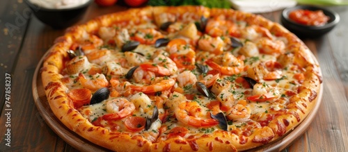 A delicious seafood topped pizza is displayed on a wooden table, showcasing its brimming flavors and inviting appearance.