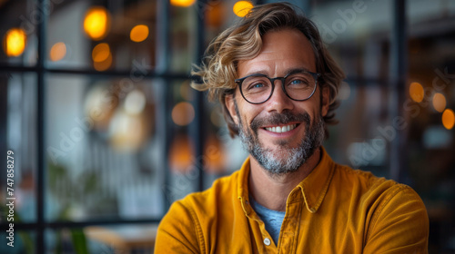 Cheerful man wearing glasses and a yellow shirt with a joyful expression in a modern setting photo