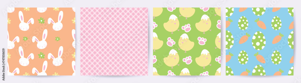 Happy Easter seamless pattern vector. Set of square cover design with easter egg, flower, rabbit, chick. Spring season repeated in fabric pattern for prints, wallpaper, cover, packaging, kids, ads. Happy Easter seamless pattern vector. Set of square cover design with easter egg, flower, rabbit, chick. Spring season repeated in fabric pattern for prints, wallpaper, cover, packaging, kids, ads.